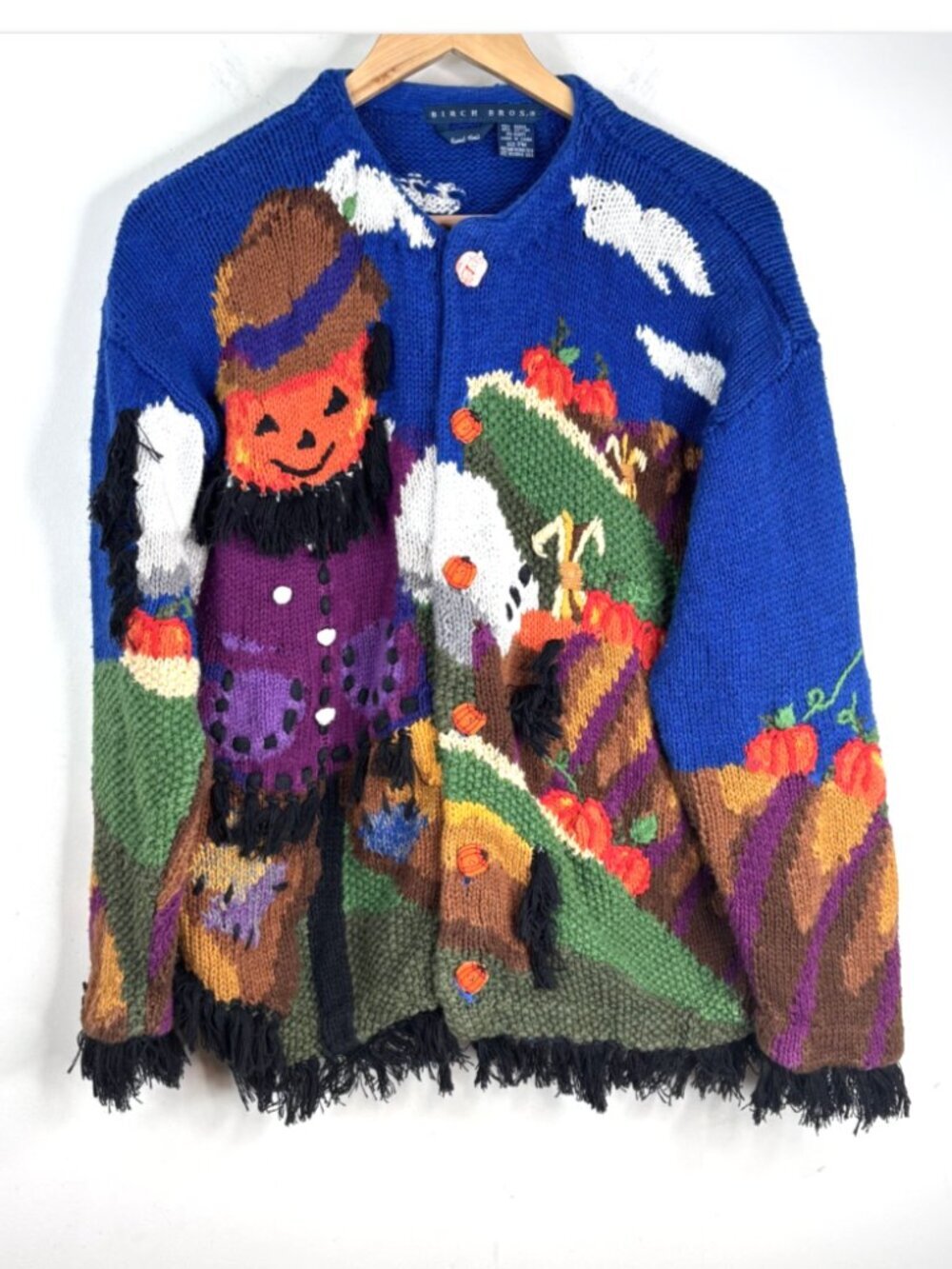 VTG Birch Bros The Eagles Eye Halloween Cardigan PM Hand Knit Scarecrow Pumpkin